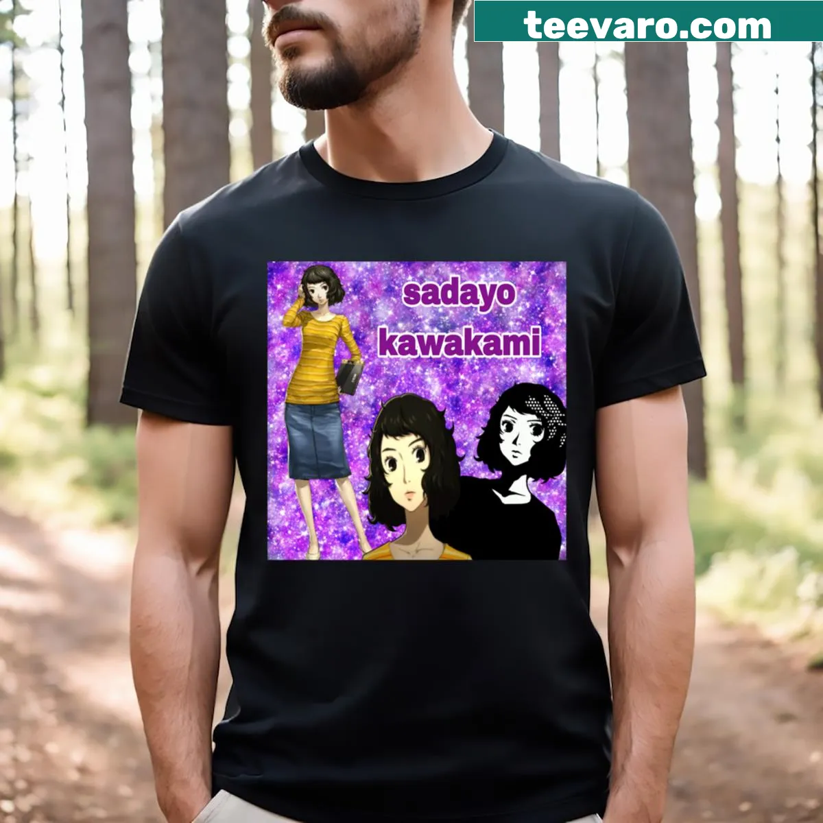 Cartoon design of Sadayo Kawakami with repeated name for humor — on a men's t-shirt