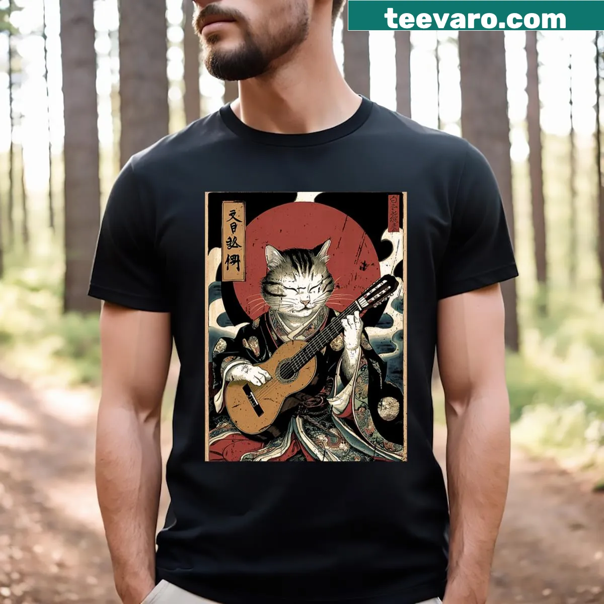 Vintage t-shirt featuring a samurai cat playing guitar — on a men's t-shirt