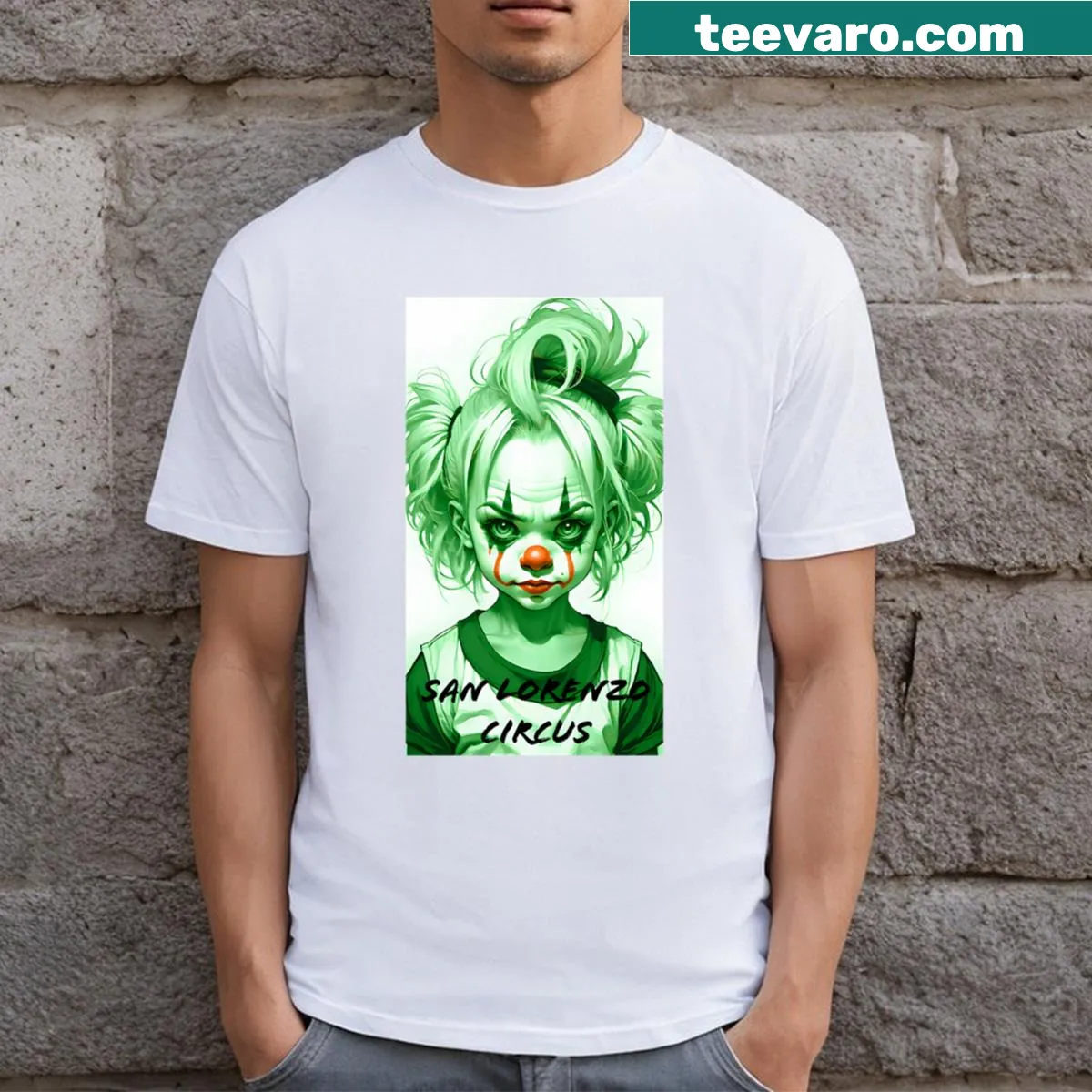 Cartoon illustration of a circus scene on a t-shirt — on a men's t-shirt