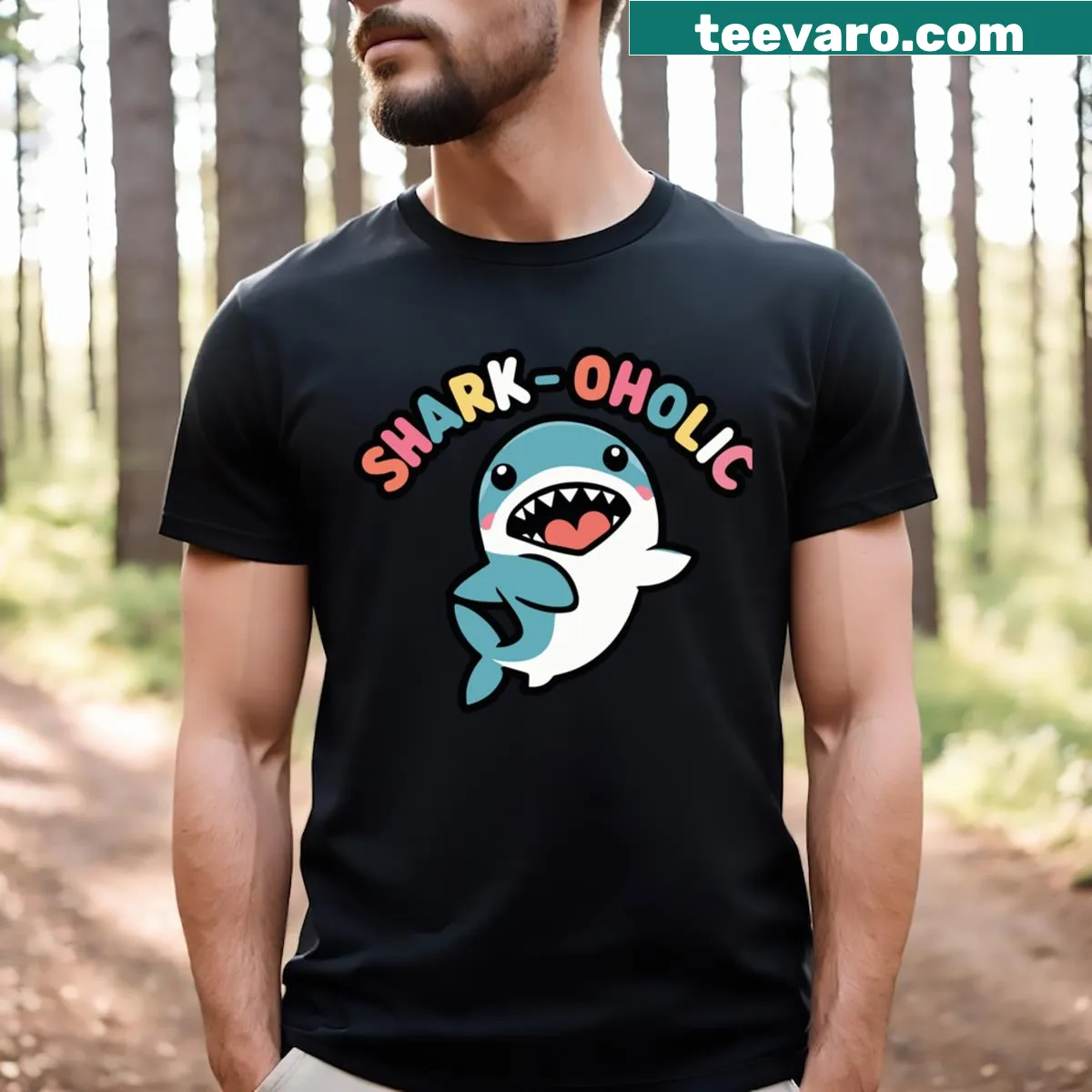 Cute shark t-shirt featuring a kawaii anime design for kids — on a men's t-shirt