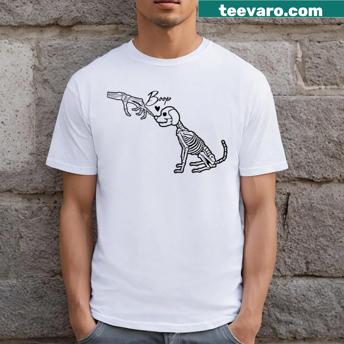 Humorous cartoon design featuring a skeleton hand and dog on T-shirt — on a men's t-shirt