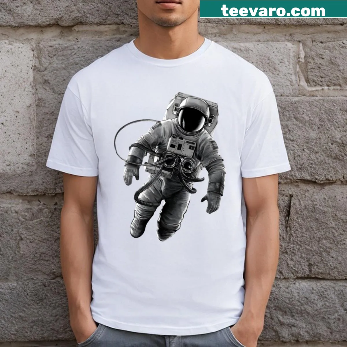 Whimsical graphic on Space Waltuh T-shirt — on a men's t-shirt