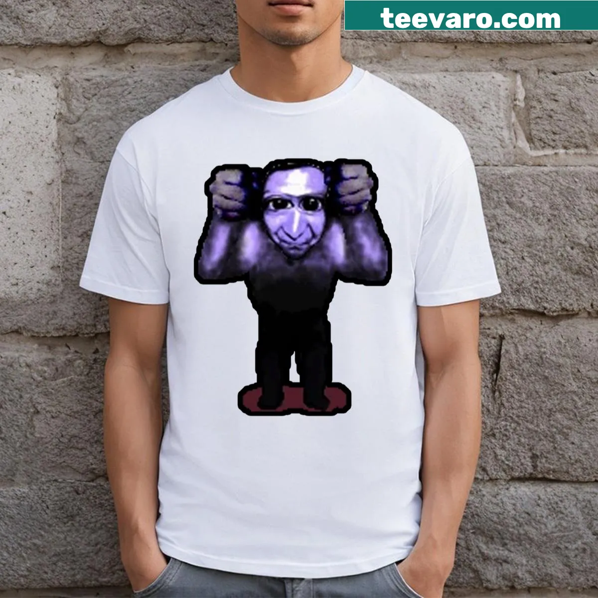 T-shirt featuring a cartoon design inspired by Squatto Ao Oni horror game. — on a men's t-shirt