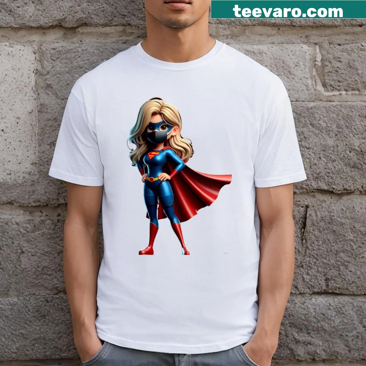 T-shirt featuring an illustration of a powerful female superhero. — on a men's t-shirt
