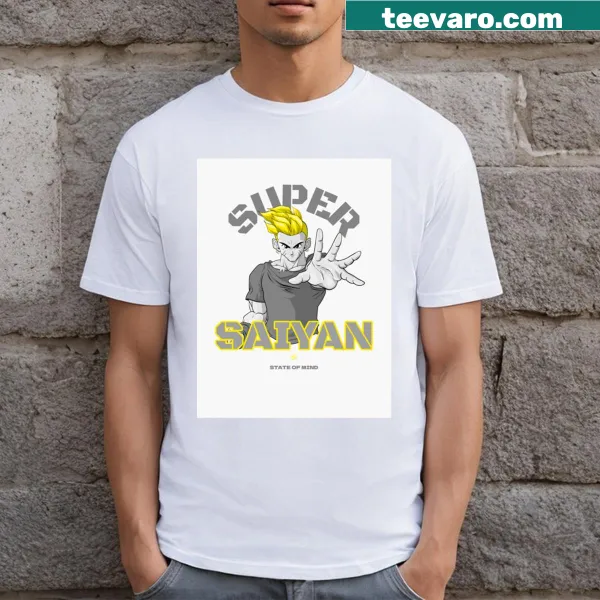 Super Saiyan transformation graphic on an anime-themed t-shirt