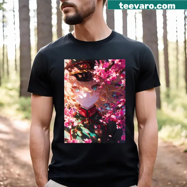 Graphic of Tanya Degurechaff with sakura flowers on a t-shirt