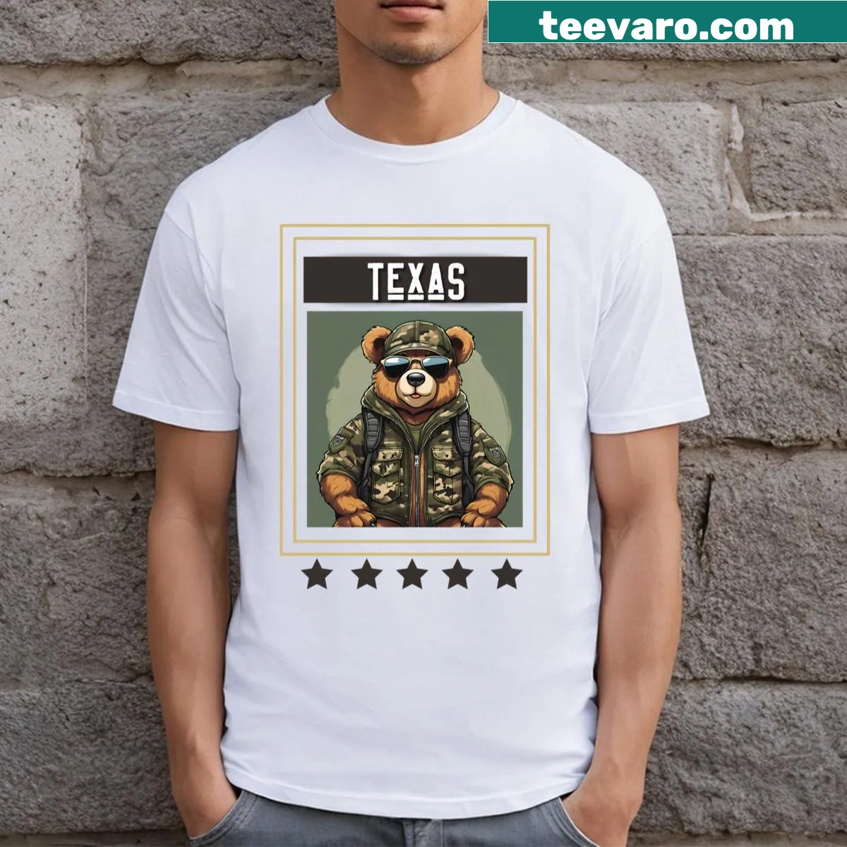 Camo bear design with Texas stars on a T-shirt — on a men's t-shirt