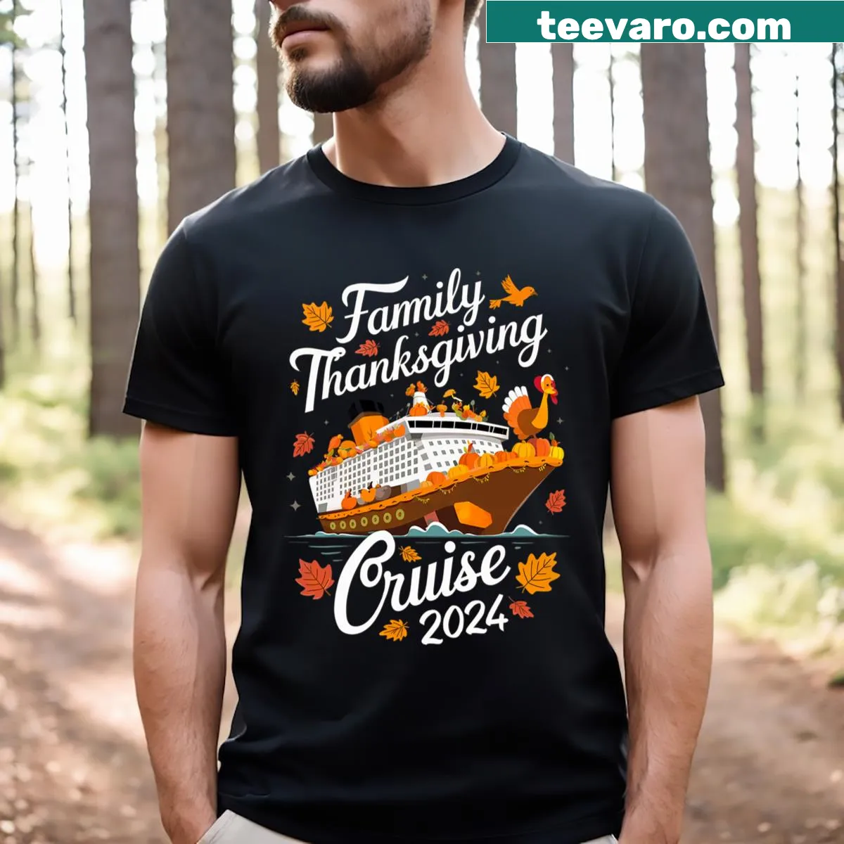 Illustrative Thanksgiving turkey and cruise graphic on a t-shirt — on a men's t-shirt