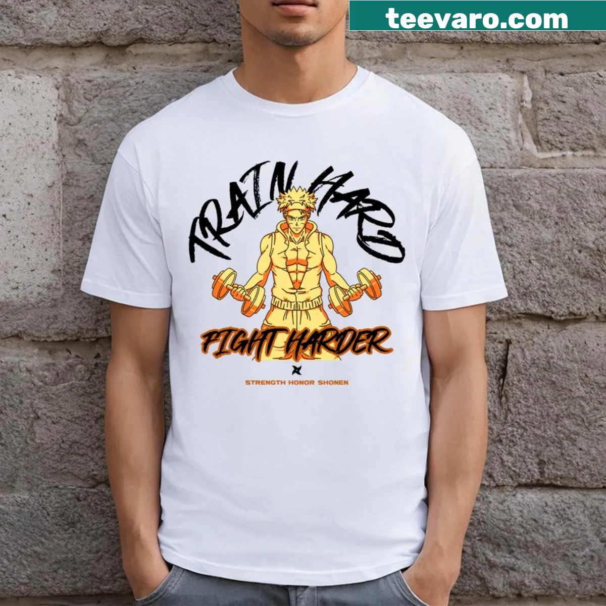Anime-inspired t-shirt with a strength and honor theme — on a men's t-shirt