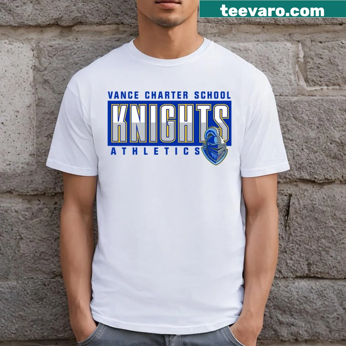 Athletic t-shirt featuring the VCS Knights emblem — on a men's t-shirt