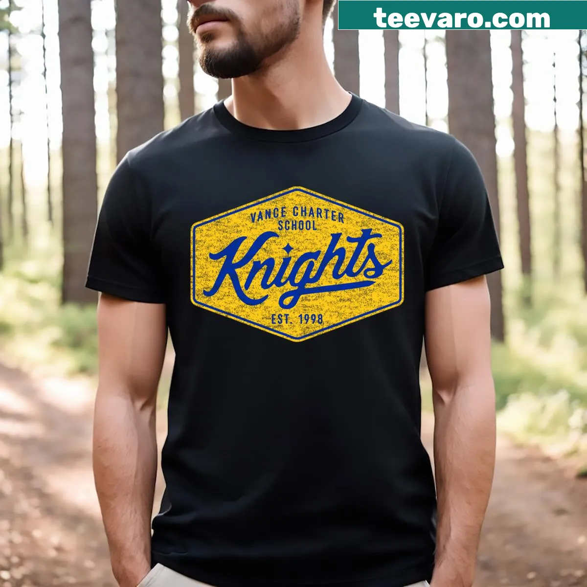 Patch design with Vcs Knights Est 1998 text — on a men's t-shirt