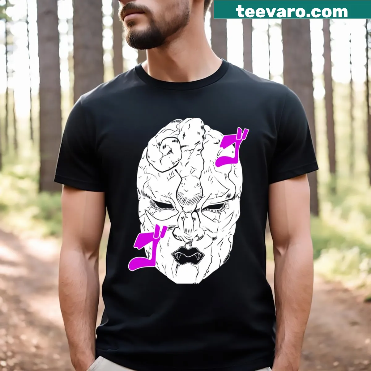 Retro anime stone mask graphic on T-shirt — on a men's t-shirt