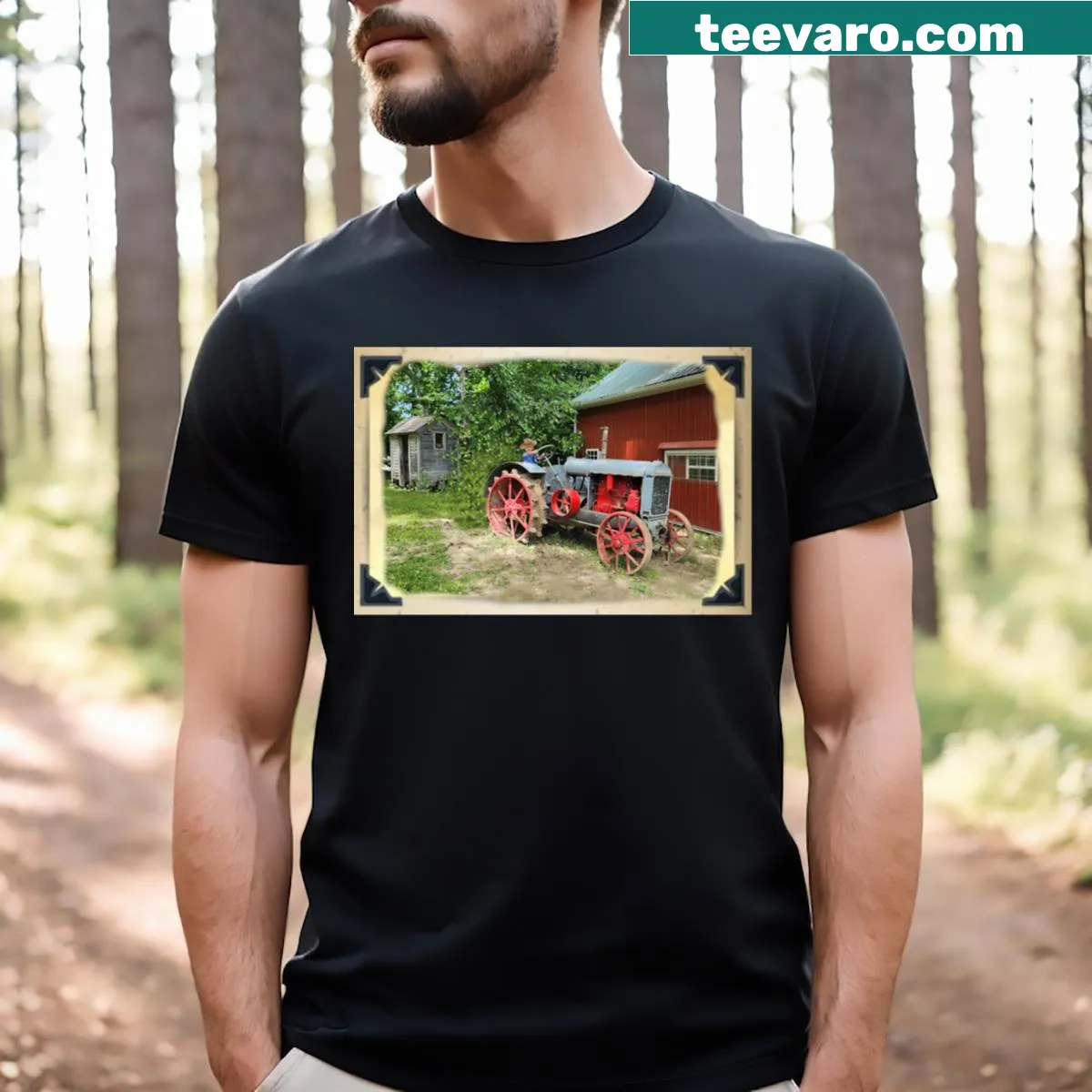 Vintage-style t-shirt featuring a boy on an antique tractor — on a men's t-shirt
