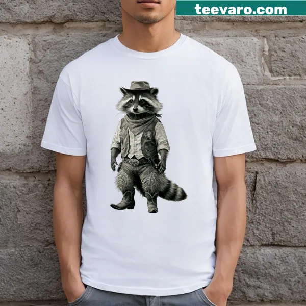 Vintage-style t-shirt featuring a raccoon cowboy and cowgirl