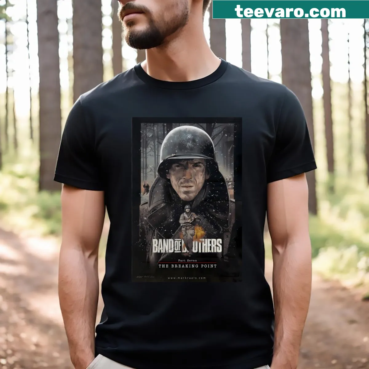 Vintage-style t-shirt celebrating war film series and dramas — on a men's t-shirt