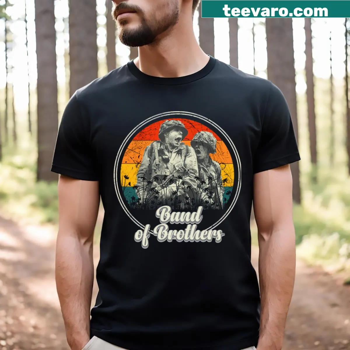 Vintage-inspired T-shirt with classic war film imagery in an illustrated style — on a men's t-shirt