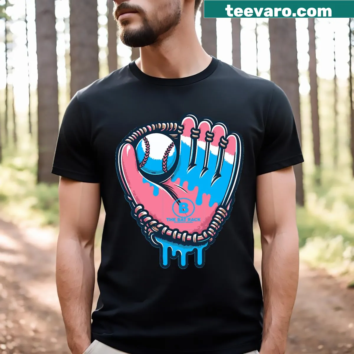 Baseball glove dripping with cotton candy illustration T-shirt — on a men's t-shirt