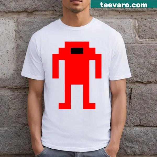 Illustration of a bold Berzerk robot on a red T-shirt