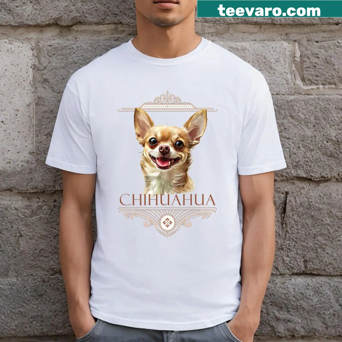 T-shirt featuring an adorable illustration of a Chihuahua dog. — on a men's t-shirt