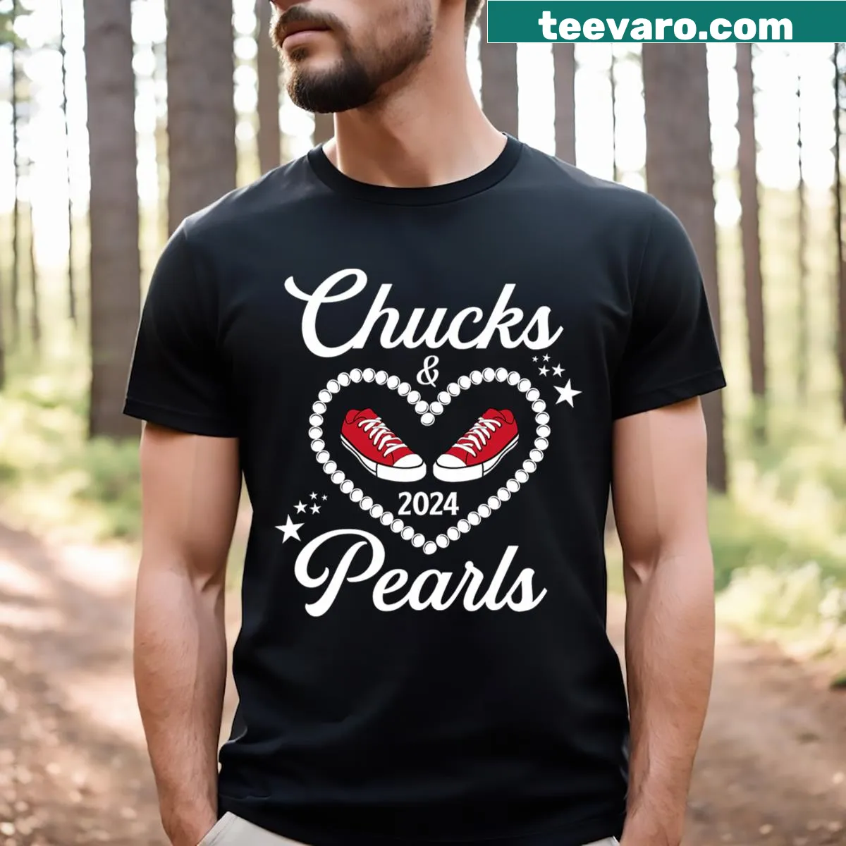 Cute girls 2024 T-shirt with Chucks and Pearls text — on a men's t-shirt