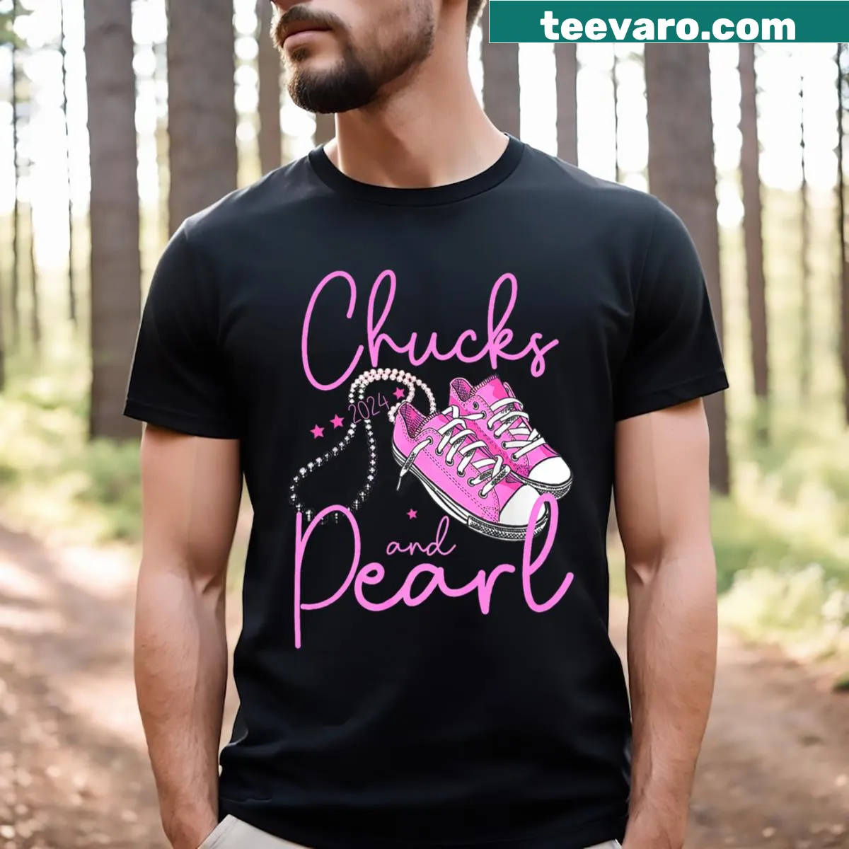 Chucks and Pearls 2024 election-themed t-shirt design — on a men's t-shirt
