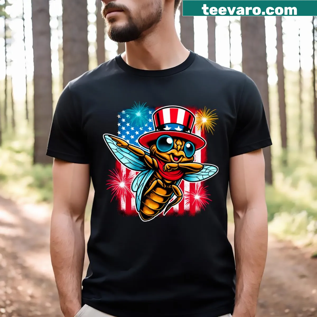 Funny cicada t-shirt with USA flag design — on a men's t-shirt