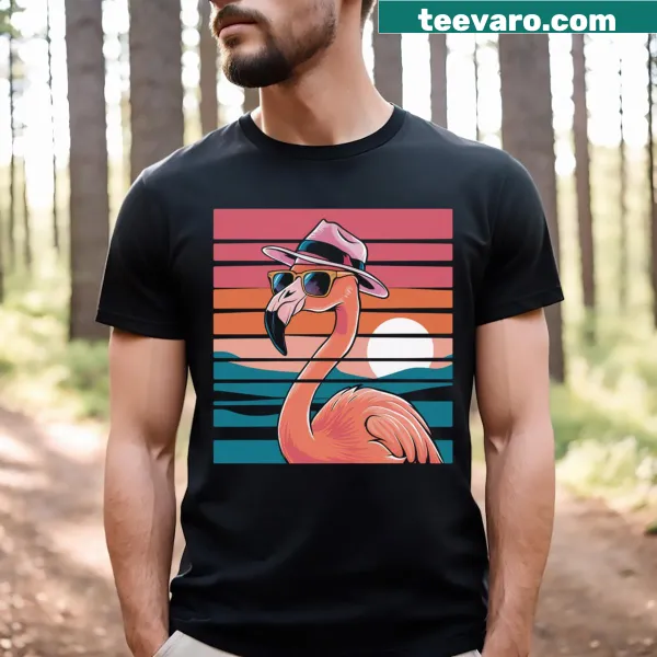 Retro t-shirt featuring a pink flamingo in sunglasses