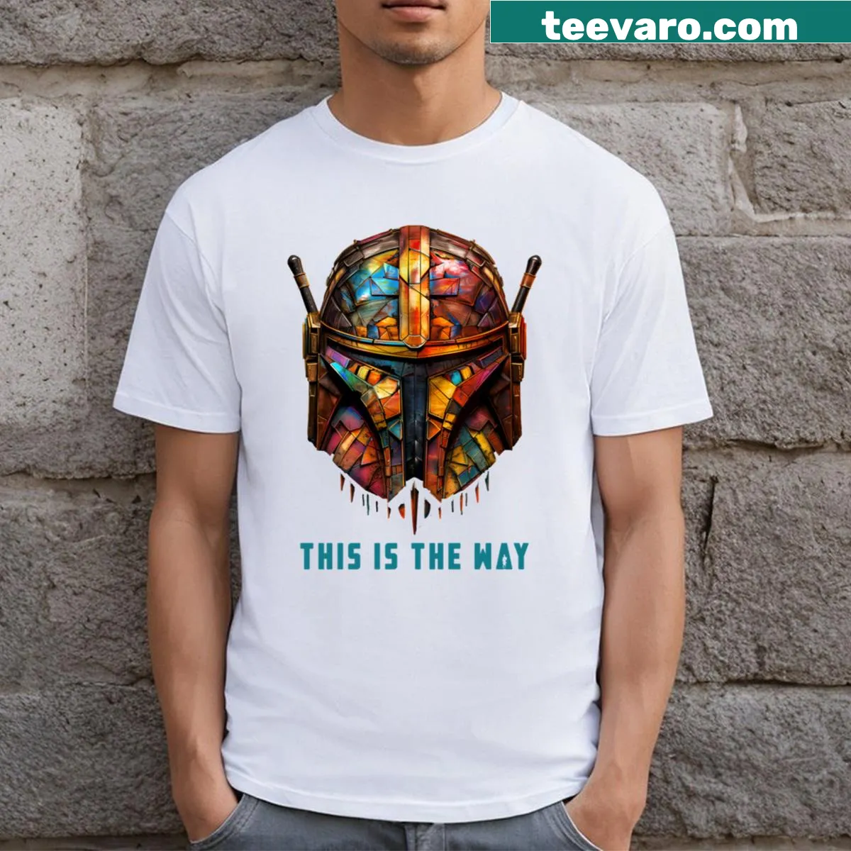 Cubist Boba Fett helmet graphic T-shirt — on a men's t-shirt