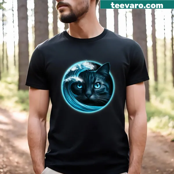 Whimsical T-shirt featuring cartoon cats riding waves for Kamala