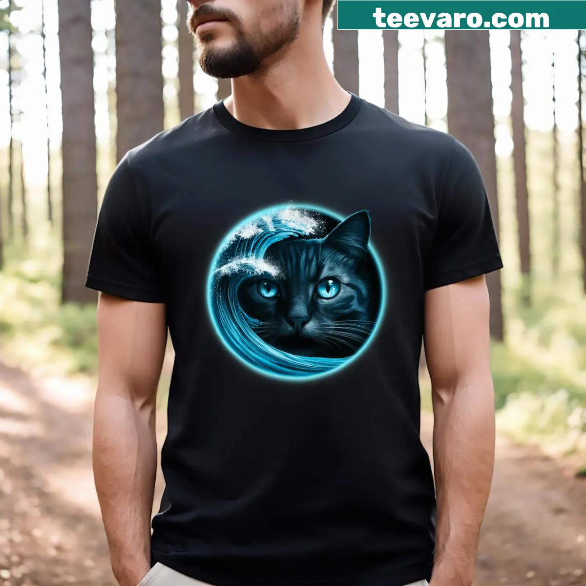 Whimsical T-shirt featuring cartoon cats riding waves for Kamala — on a men's t-shirt