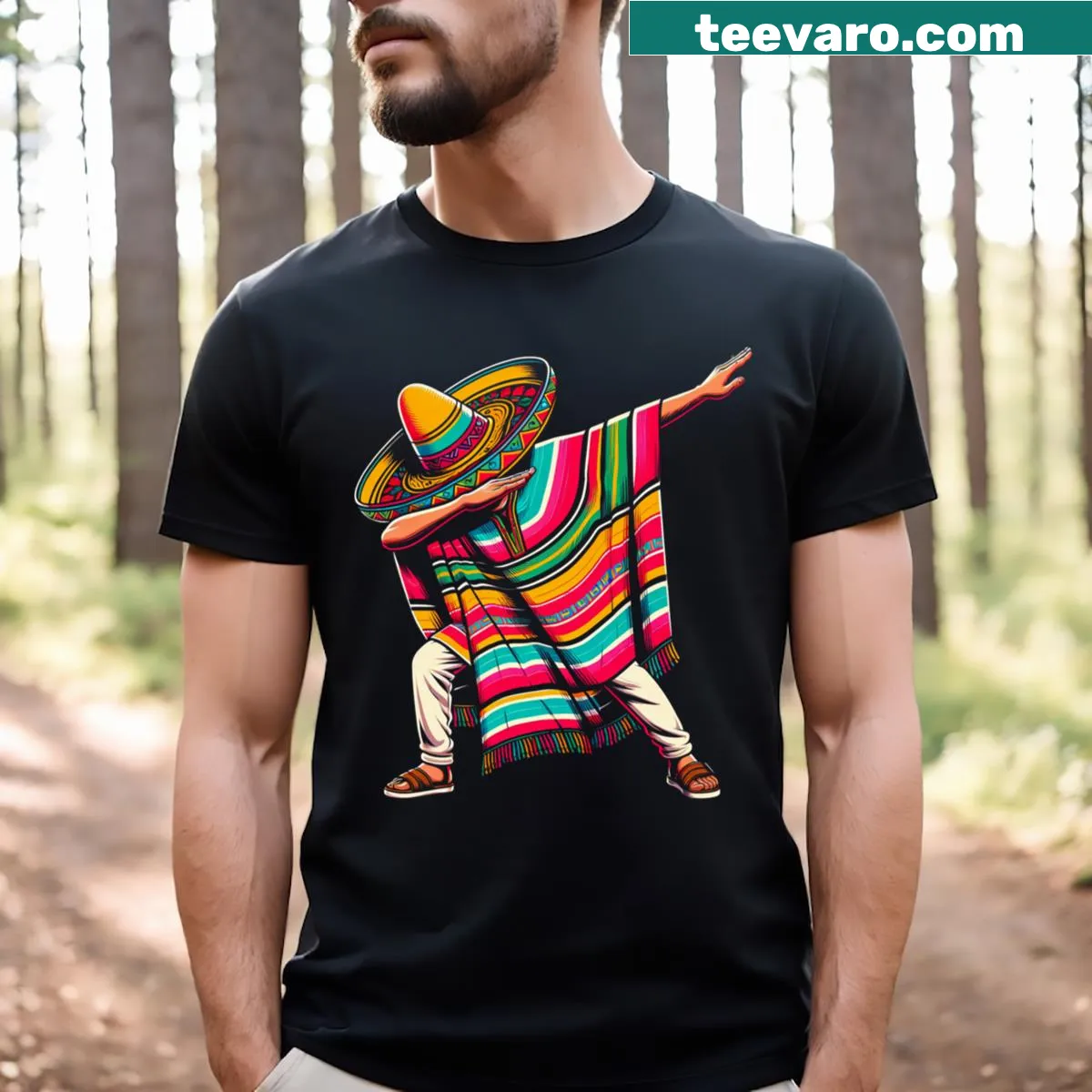 Funny T-shirt with a dabbing character in a Mexican poncho. — on a men's t-shirt