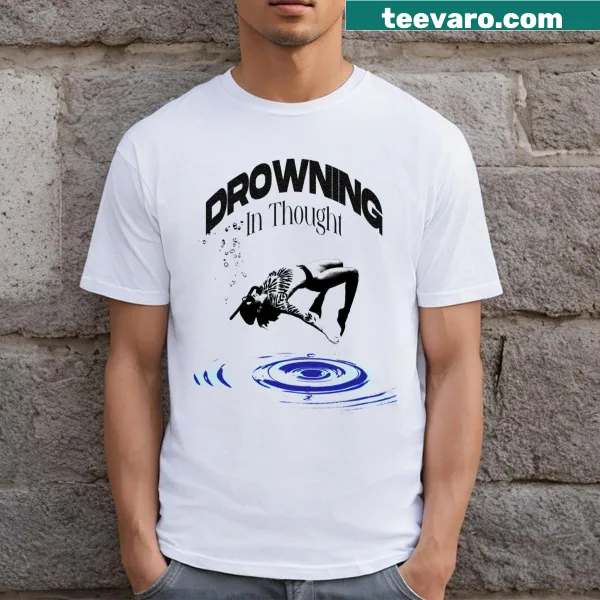 Minimalist T-shirt with abstract 'Drowning In Thought' line-art.