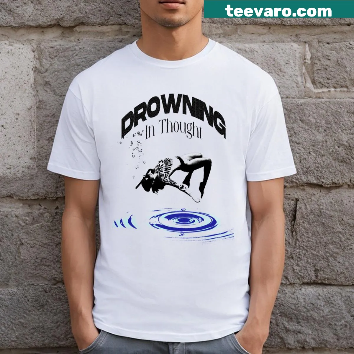 Minimalist T-shirt with abstract 'Drowning In Thought' line-art. — on a men's t-shirt