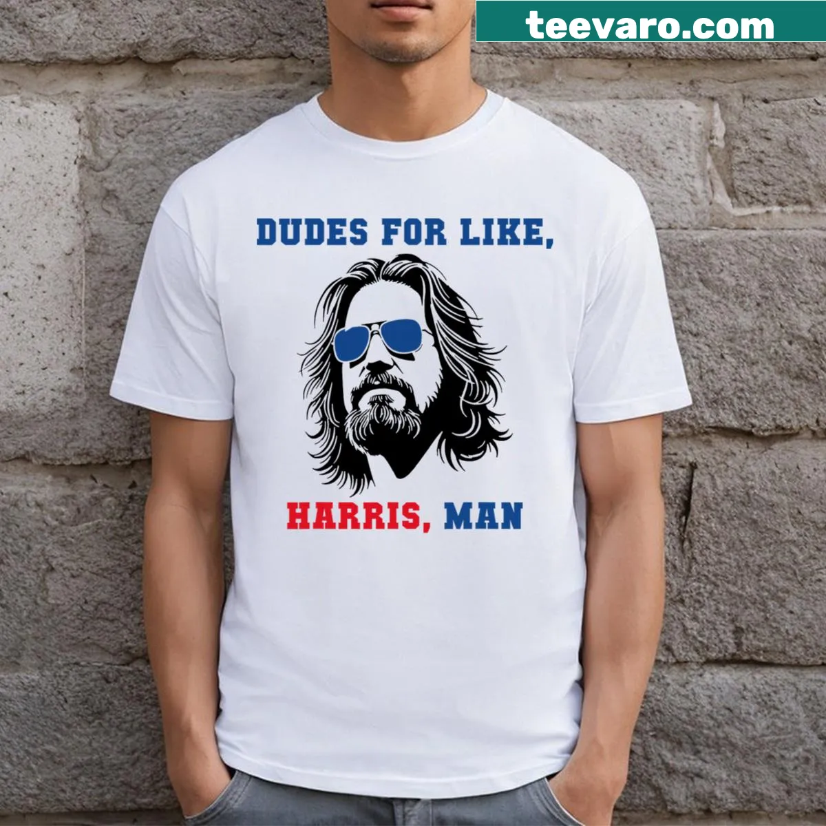 Playful T-shirt featuring a humorous graphic about Dudes For Like Harris. — on a men's t-shirt