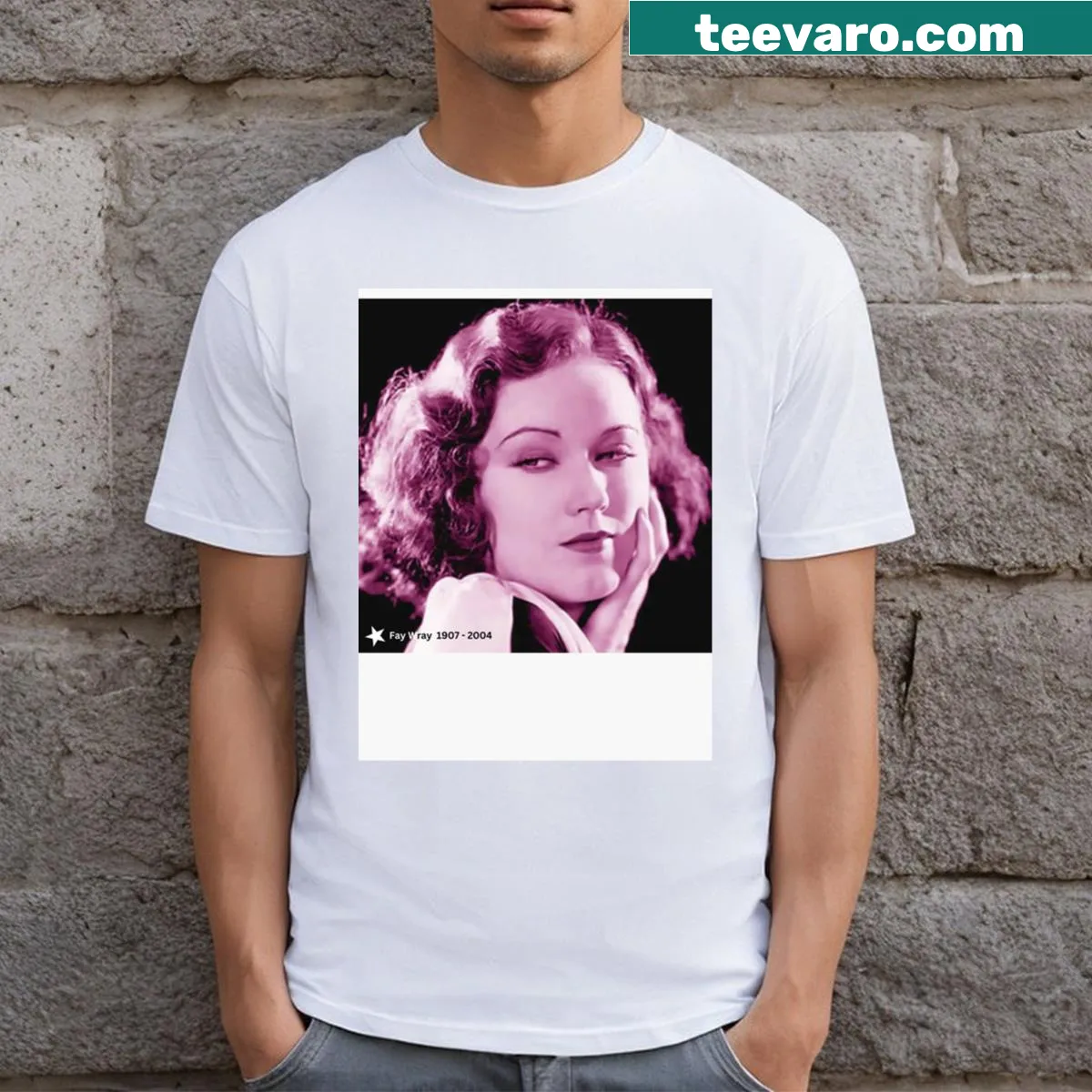 Illustrative Fay Wray T-shirt with a vintage film reel design — on a men's t-shirt