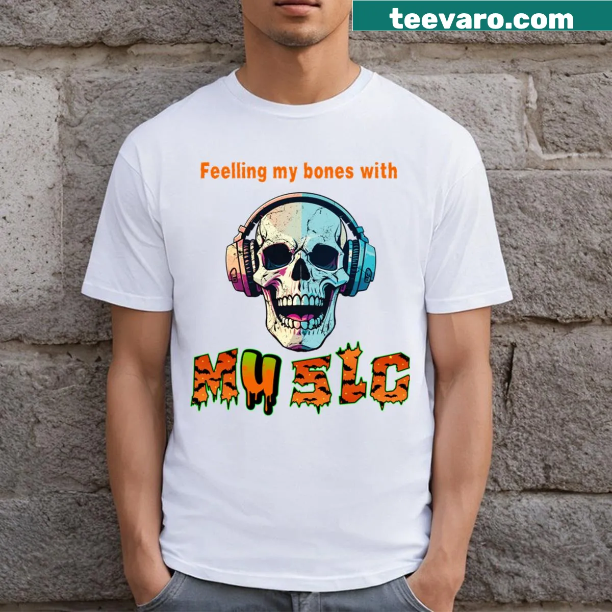 Halloween-themed T-shirt with playful bones and music design — on a men's t-shirt