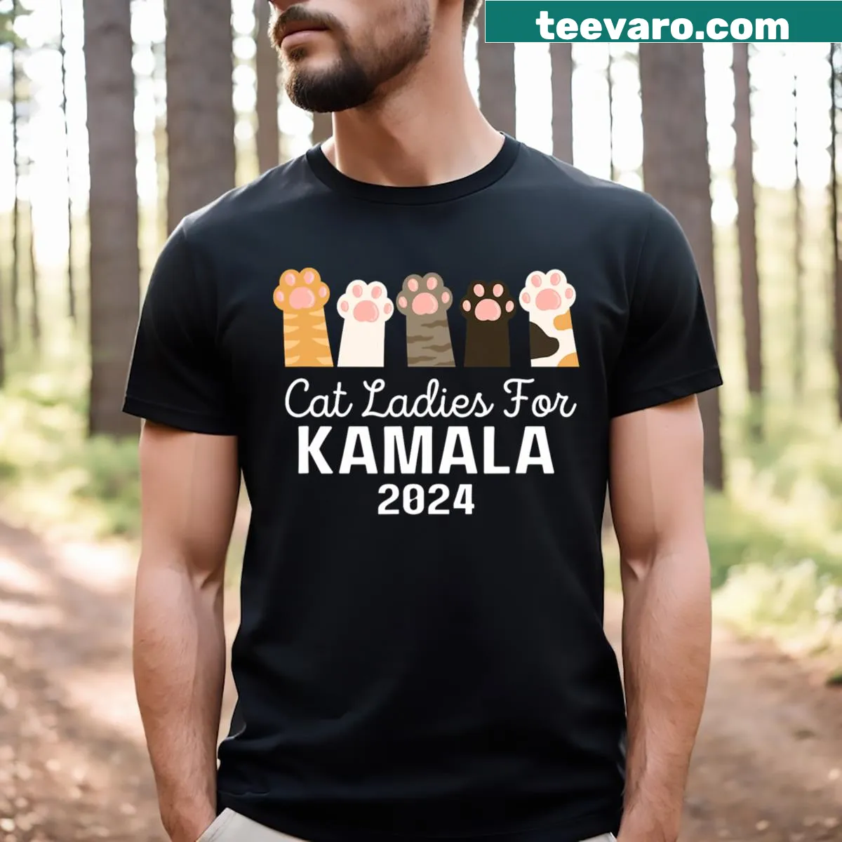 Funny graphic T-shirt for cat ladies supporting Kamala 2024 — on a men's t-shirt