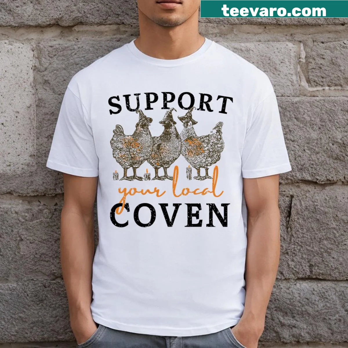 Cartoon chicken supporting local coven t-shirt with humorous text. — on a men's t-shirt
