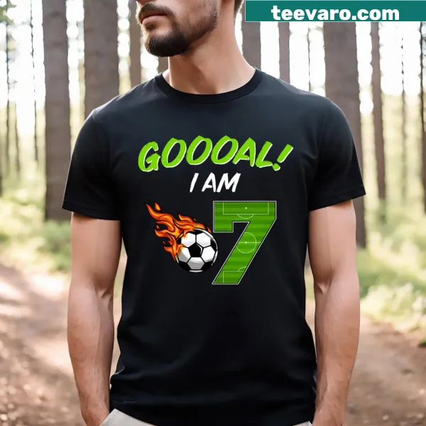 T-shirt declaring 'I Am 7!' with a soccer design for kids