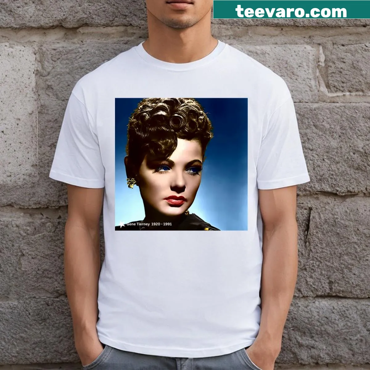 Elegant illustration of actress Gene Tierney on a t-shirt — on a men's t-shirt