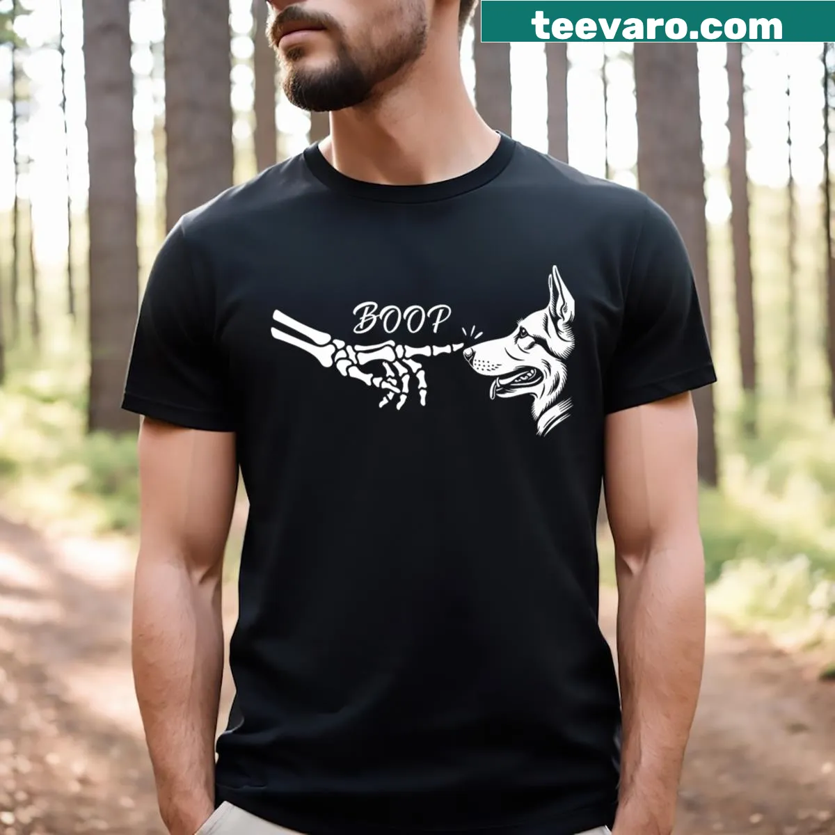 Skeleton hand booping a German Shepherd on a Halloween T-shirt — on a men's t-shirt