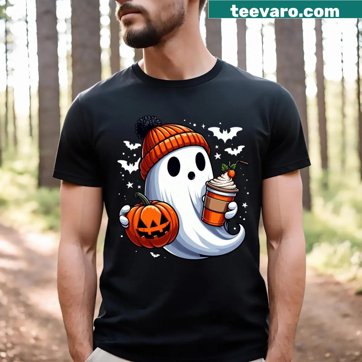 Ghost character drinking pumpkin spice coffee for Halloween — on a men's t-shirt