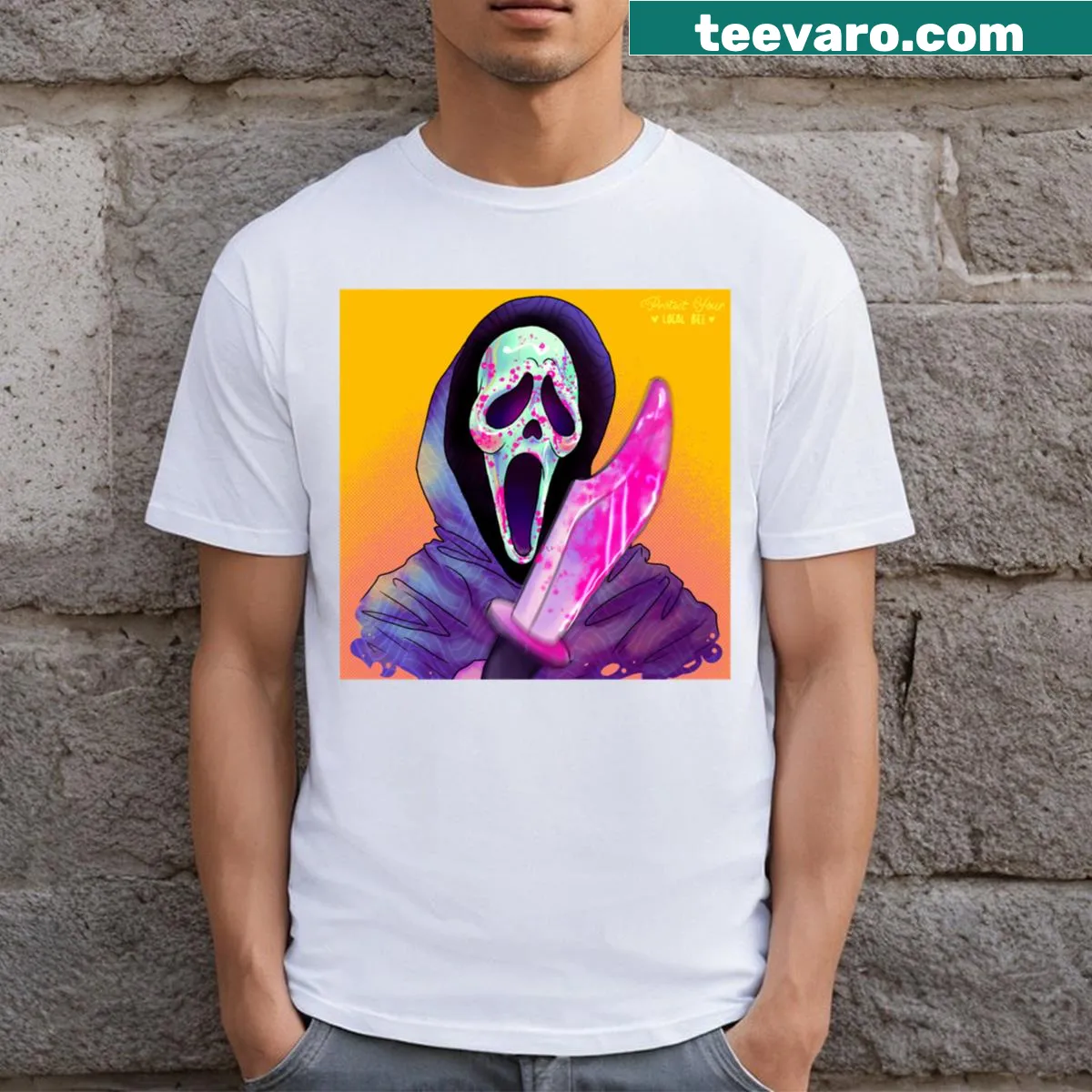 Ghost Face horror character T-shirt design — on a men's t-shirt