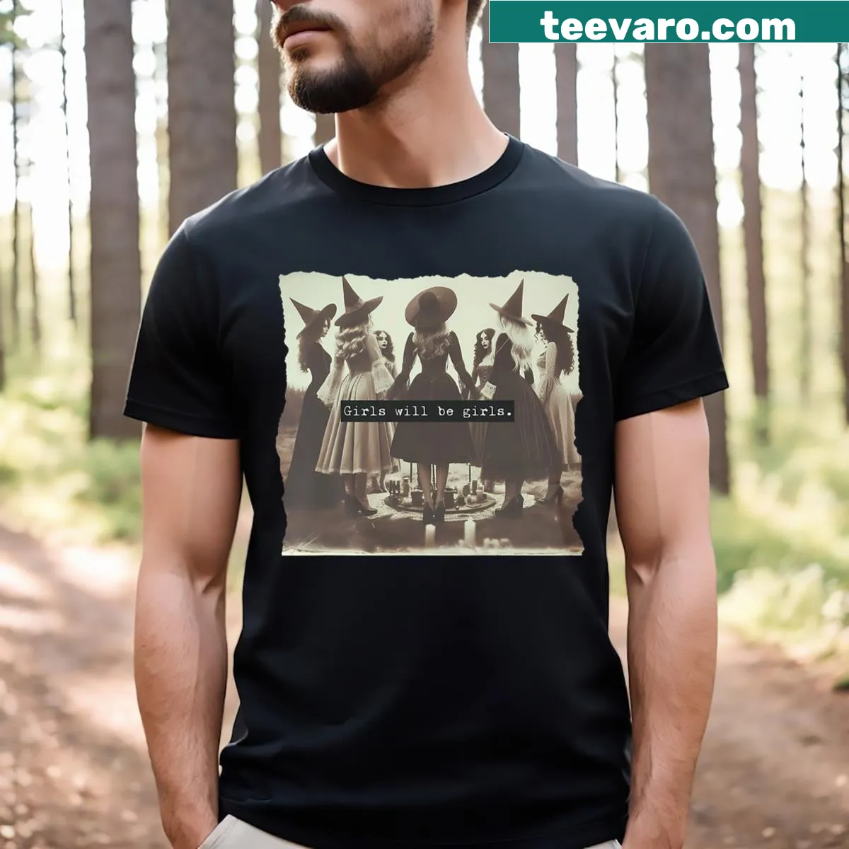 Funny witch-themed T-shirt with whimsical graphics — on a men's t-shirt