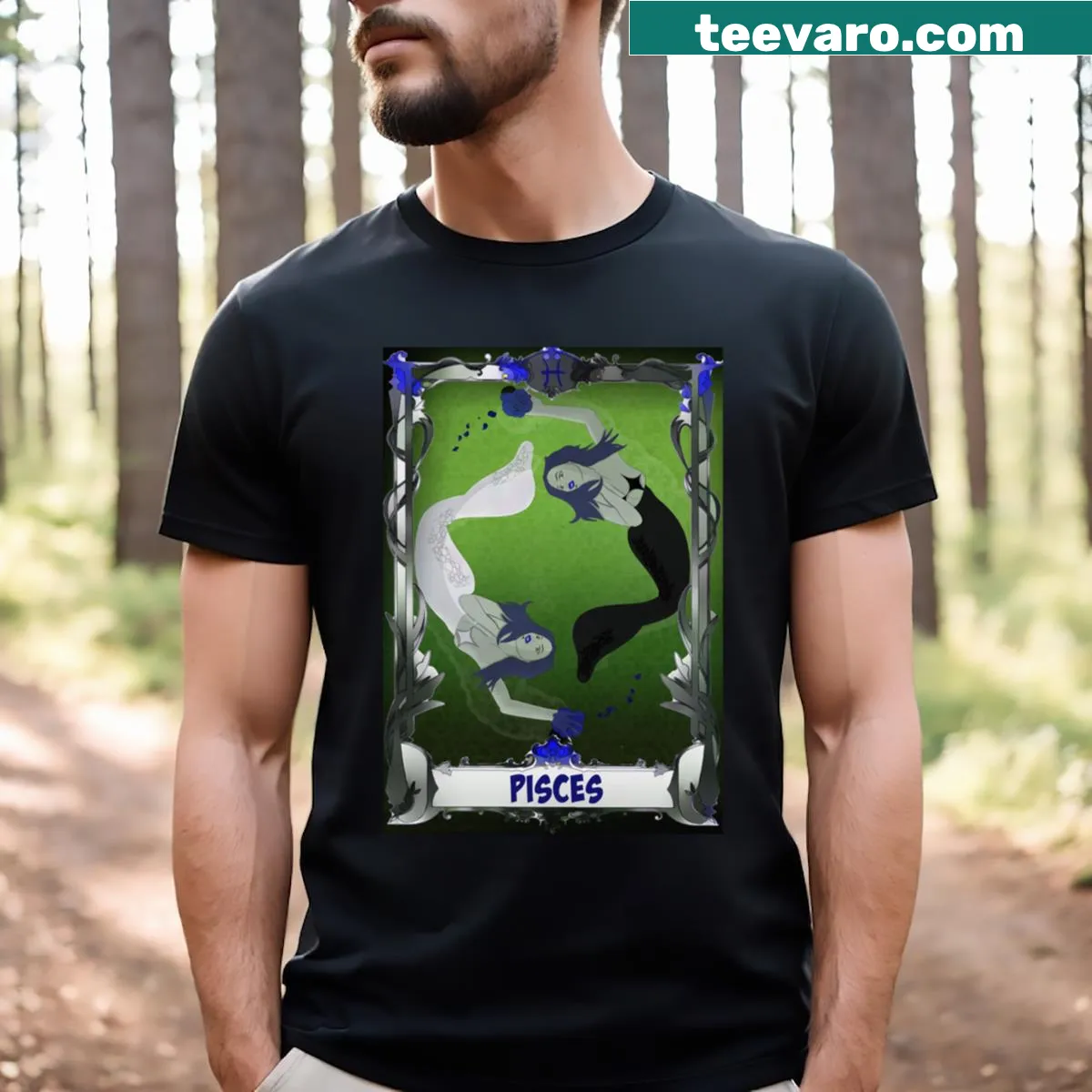 Gothic Pisces girl illustration in blue on a stylish t-shirt — on a men's t-shirt