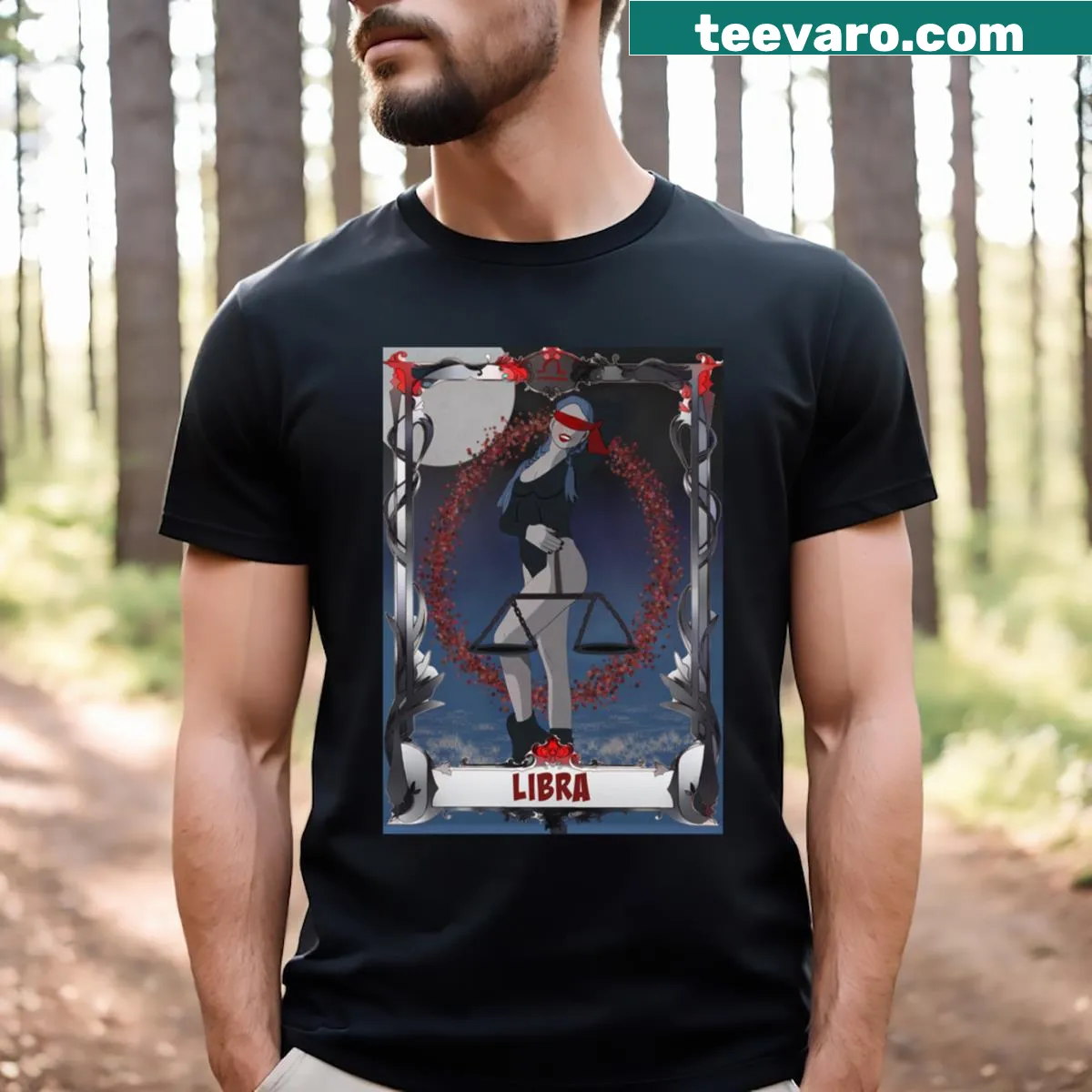 Gothic Libra girl illustration in red on a stylish t-shirt — on a men's t-shirt