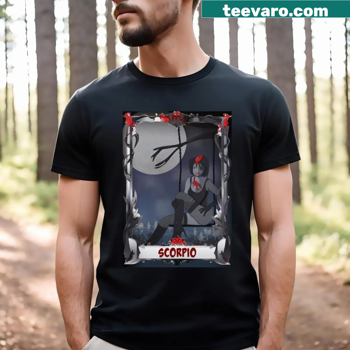 Gothic Scorpio girl illustration in red on a stylish t-shirt — on a men's t-shirt