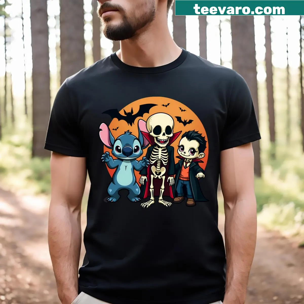 Halloween group photo featuring skeleton, witch, and Dracula — on a men's t-shirt