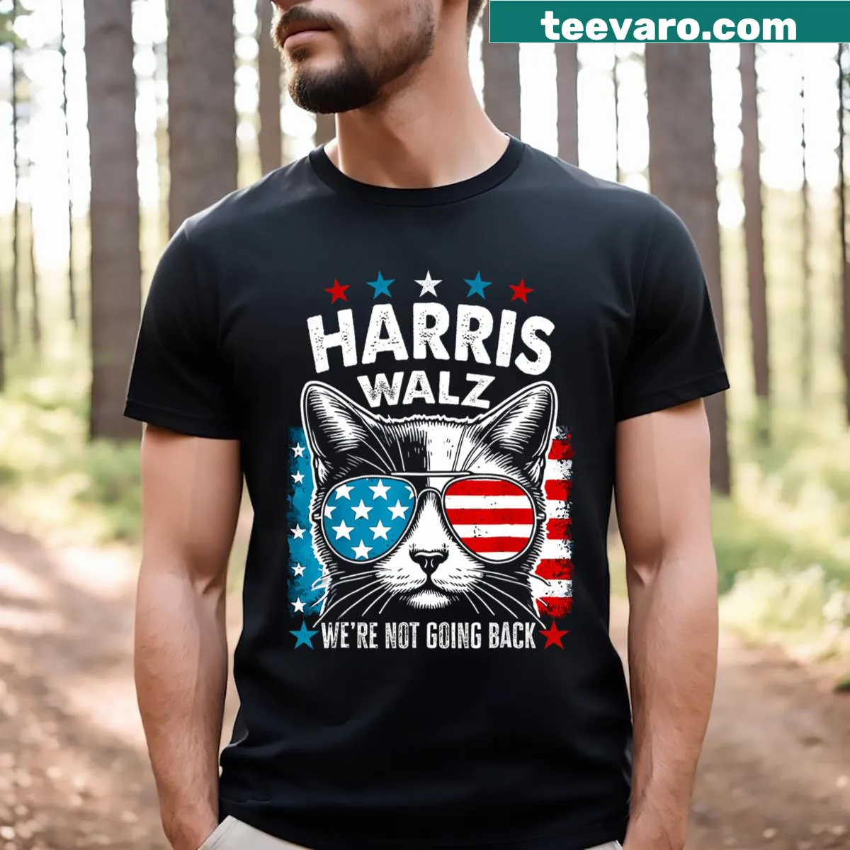 2024 election T-shirt with bold lettering supporting Harris Waltz — on a men's t-shirt