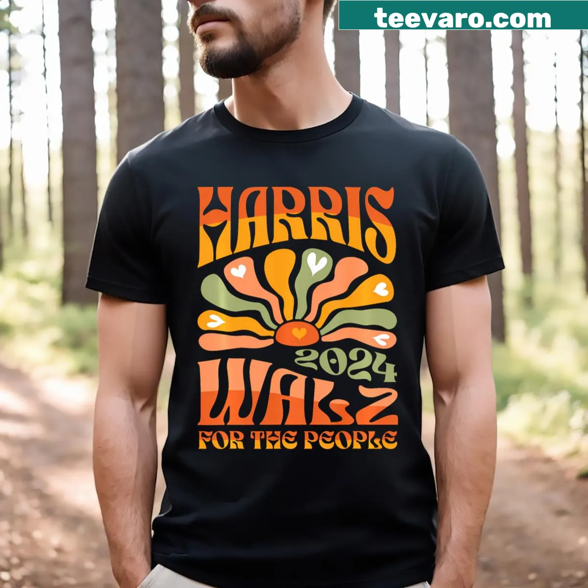 Political T-shirt featuring Kamala Harris and Tim Walz — on a men's t-shirt
